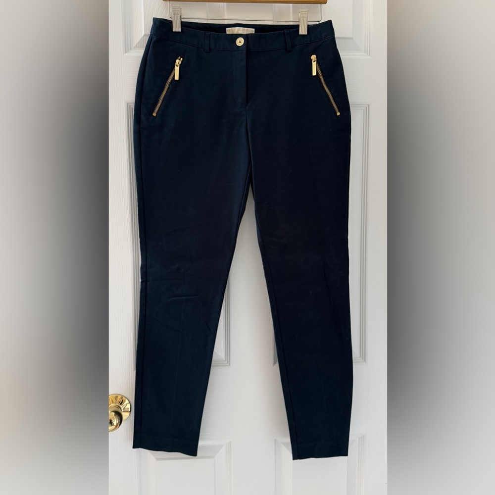 Michael Kors Pants Womens 6 Navy Blue Gold Zipper Front Pockets Cotton Stretch